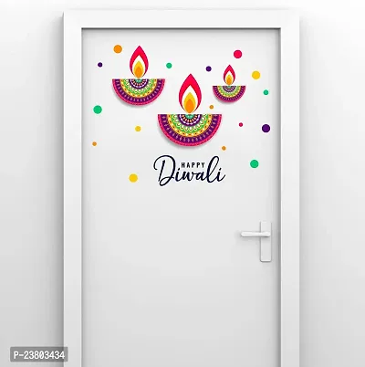 Psychedelic Collection Happy Diwali Decorative Multicolor Diya Decorative PVC Vinyl Wall Sticker (Multicolor, 46 cm X 56 cm)