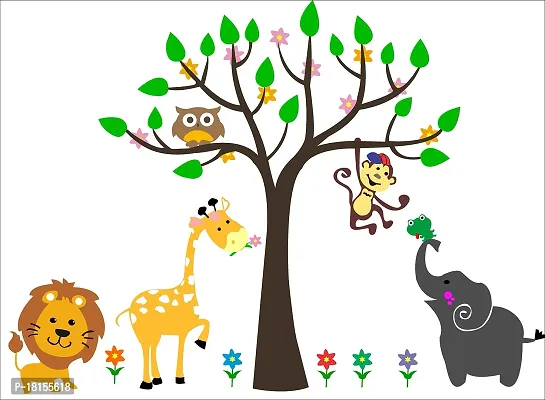 Trendy Beautiful Animals Playing Tree For Home Deacute;cor Decorative Wall Sticker (Pvc Vinyl, Multicolor, W 101 Cm X H 74 Cm)-thumb0