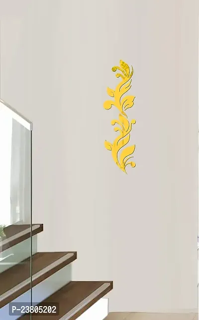 Psychedelic Collection Decorative Beautiful Branch Leaves Golden Acrylic Sticker Hexagon Mirror, Hexagon Mirror Wall Stickers, Mirror Stickers for Wall Large Size, Sticker Mirror