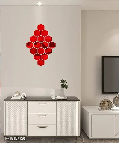 Trendy Decorative Hexagone Design Red Acrylic Sticker Hexagon Mirror, Hexagon Mirror Wall Stickers, Mirror Stickers For Wall Large Size, Sticker Mirror-thumb2