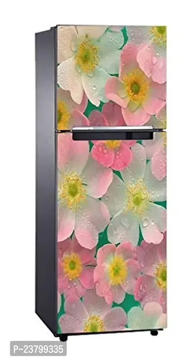 Psychedelic Collection abstract sky blue background pink  off white decorative flowewrs extra large fridge sticker Double Single Door Decorative Fridge Sticker (PVC Vinyl, Multicolor, 60 cm X 160 cm)