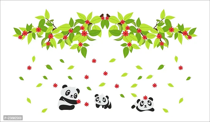 Psychedelic Collection Decorative Baby Pandas Playing Tree Bangles Leaves Decorative Wall Sticker (PVC Vinyl, Multicolor, W 91 cm X H 51 cm)