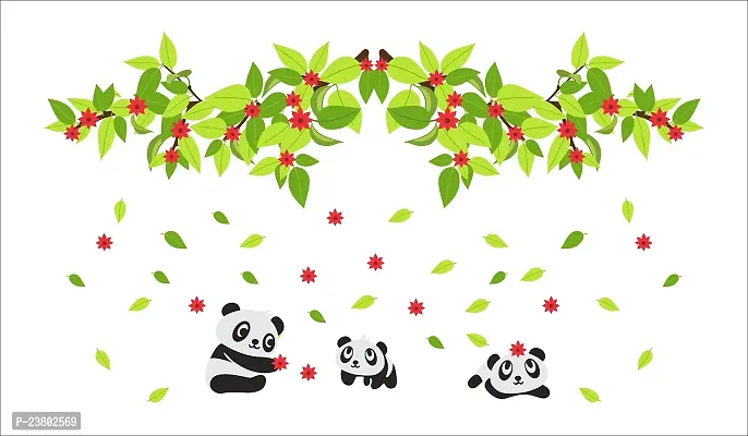 Psychedelic Collection Decorative Baby Pandas Playing Tree Bangles Leaves Decorative Wall Sticker (PVC Vinyl, Multicolor, W 91 cm X H 51 cm)-thumb0