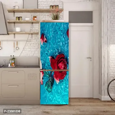 Psychedelic Collection Abstract Decorative red Rose Leaves with Blue Water Extra lardge Fridge Sticker for Fridge Decor (PVC Vinyl, Multicolor, 60 cm X 160 cm)-thumb4