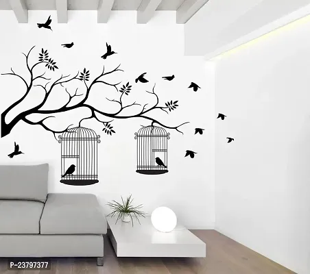 Wallstick ' Tree with Birds and Cages ' Wall Sticker (Vinyl, 115 cm x 155 cm, Black)