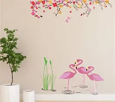 Psychedelic Collection Flemingo Birds in Water with Flower Branch Design Decorative PVC Vinyl Wall Sticker (Multicolor, 83 cm X 121 cm)-thumb3
