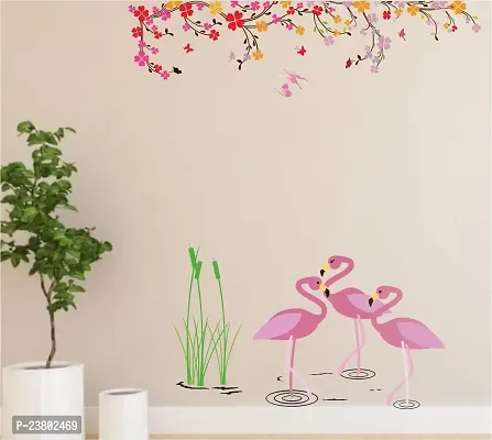Psychedelic Collection Flemingo Birds in Water with Flower Branch Design Decorative PVC Vinyl Wall Sticker (Multicolor, 83 cm X 121 cm)-thumb4