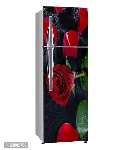 Psychedelic Collection Beautiful red Rose with red and Green Leaves Black Background Abstract Decorative Fridge Sticker (PVC Vinyl, Multicolor, 60 cm X 160 cm)-thumb2