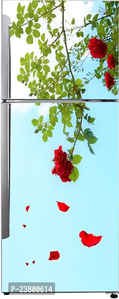 Psychedelic Collection Decorative Beautiful red Flower with Falling Leaf Extra Large Sticker for Fridge Sticker Double Single Door Decorative Fridge Sticker (PVC Vinyl, Multicolor, 60 cm X 160 cm)