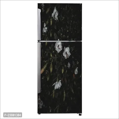 Psychedelic Collection Decorative Beautiful White Roses with Green Leaf Fridge Sticker Double Single Door Decorative Fridge Sticker (PVC Vinyl, Multicolor, 60 cm X 160 cm)