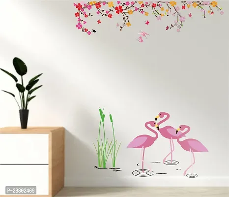 Psychedelic Collection Flemingo Birds in Water with Flower Branch Design Decorative PVC Vinyl Wall Sticker (Multicolor, 83 cm X 121 cm)-thumb5