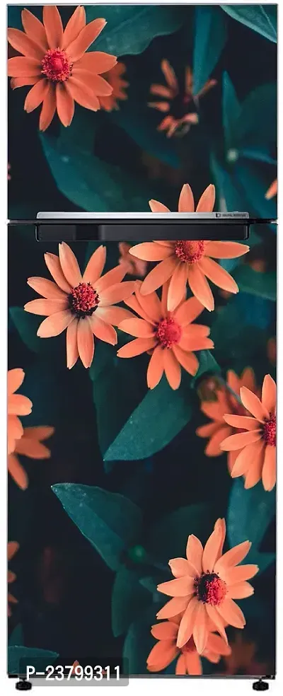 Psychedelic Collection Beautiful Orange Colour Flower with Leaves Decorative Fridge Decor Sticker for Kitchen (PVC Vinyl Multicolor)-thumb3