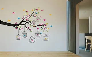 Psychedelic Collection 'Branches with Flowers and Birds Cages' Wall Sticker (PVC Vinyl, 50 cm x 70 cm),Multicolour-thumb2