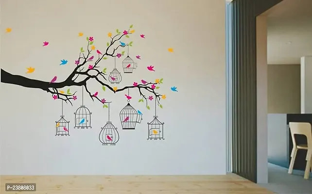 Psychedelic Collection 'Branches with Flowers and Birds Cages' Wall Sticker (PVC Vinyl, 50 cm x 70 cm),Multicolour-thumb3