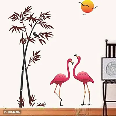 Trendy Flamingos And Bamboo At Sunset Wall Sticker (Pvc Vinyl, 90 Cm X 60 Cm, Multicolour)-thumb0