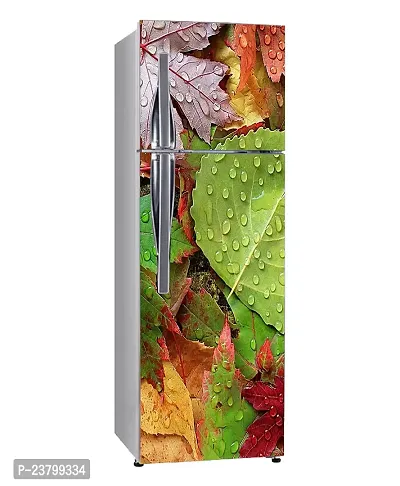 Psychedelic Collection decoraitve Abstract Colourful Leaves with rain dropes Extra lardge Fridge Sticker for Fridge Decor (PVC Vinyl Multicolor)