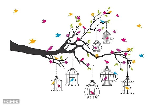 Psychedelic Collection 'Branches with Flowers and Birds Cages' Wall Sticker (PVC Vinyl, 50 cm x 70 cm),Multicolour