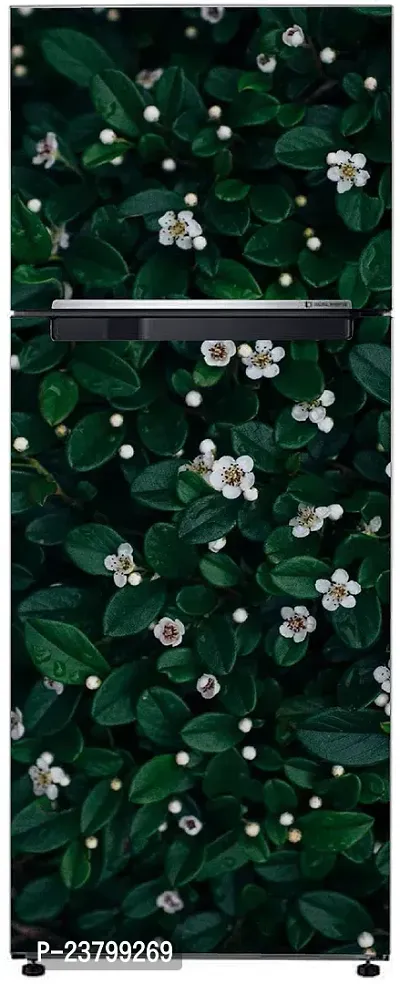 Psychedelic Collection Abstract Decorative Green Leaves Beautiful White Flowers Extra lardge Fridge Sticker for Fridge Decor (PVC Vinyl Multicolor)-thumb3