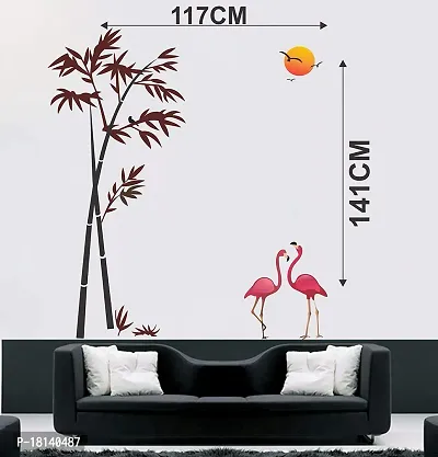 Trendy Flamingos And Bamboo At Sunset Wall Sticker (Pvc Vinyl, 90 Cm X 60 Cm, Multicolour)-thumb3