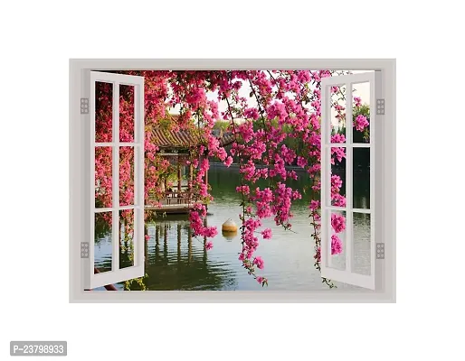 Psychedelic Collection Beautiful Pink Flower Window Illusion Wall Sticker (PVC Vinyl, Multicolour, Wall Covering 61 cm X 46 cm)_PCWI01_PCWI98