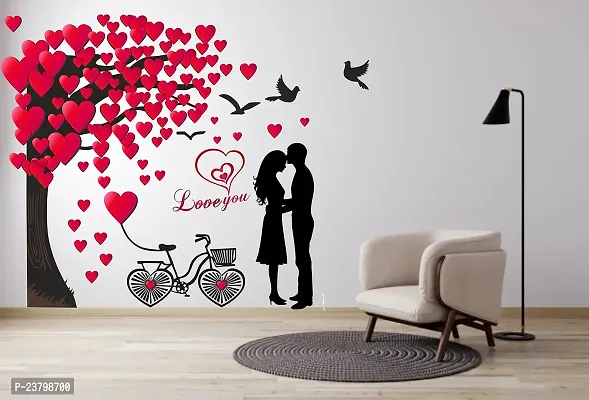 Sudarshan Sticker Romantic Couple Under The Heart Leaves Tree and Love Quote with Bicycle' Vinyl Wall Sticker (77 cm X 96 cm)