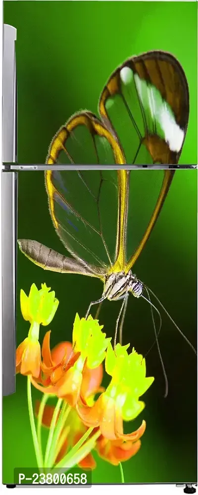 Psychedelic Collection Beautiful Abstract Yellow Flowers Butterfly Extra lardge Fridge Sticker for Fridge Decor Double Single Door Decorative Fridge Sticker (PVC Vinyl, Multicolor, 60 cm X 160 cm)