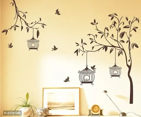 Asmi Collections PVC Wall Stickers Tree Birds and Cage - AY9039