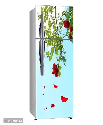 Psychedelic Collection Decorative Beautiful red Flower with Falling Leaf Extra Large Sticker for Fridge Sticker Double Single Door Decorative Fridge Sticker (PVC Vinyl, Multicolor, 60 cm X 160 cm)-thumb2