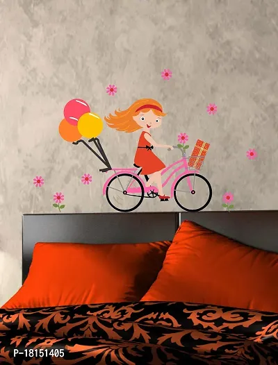 Trendy Beautiful Cute Girl On Bicycle Decorative Wall Sticker (Pvc Vinyl, Multicolor, W 91 Cm X H 60 Cm)-thumb4