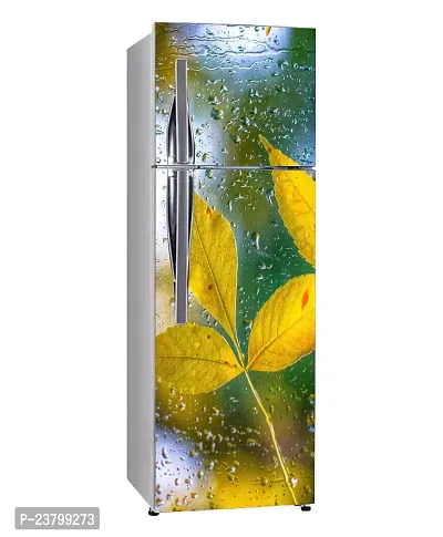 Psychedelic Collection Abstract Decorative Yellow Leave for rain dropes with Blur Background Extra lardge Fridge Sticker for Fridge Decor (PVC Vinyl Multicolor)