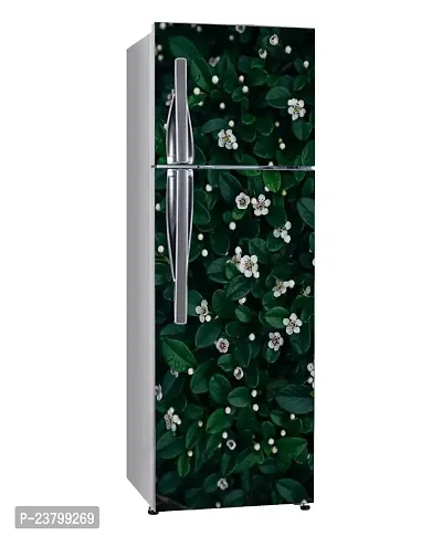 Psychedelic Collection Abstract Decorative Green Leaves Beautiful White Flowers Extra lardge Fridge Sticker for Fridge Decor (PVC Vinyl Multicolor)