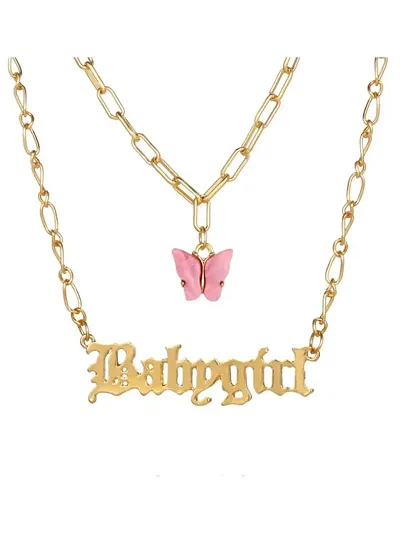 Stunning Gold Plated Double Layered Butterfly and Word Necklace