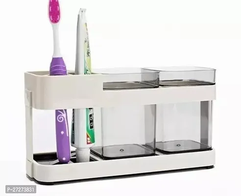 Toothbrush Holder Stand 2 Cup Set Shelf Bathroom Toothpaste Storage Rack (2 Cup Toothbrush Holder) Plastic Toothbrush Holder (White) Plastic Toothbrush Holder (Wall Mount)-thumb0