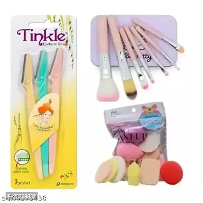 Tinkle 3 PCS Eyebrow or Face Hair Removal Safety  and Hello Kitty Mini Brush Set- Pink, 7 Pieces ( puff set )