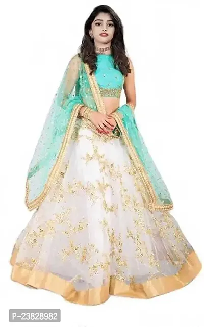 Femisha Creation Girls Net With Satin Flower Embroidered Lehenga Choli (7-8 Years, White)