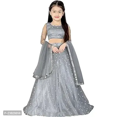 Femisha Creation Girls Soft Net Latest Embroidered Lehenga Choli (5-6 Years, Grey)-thumb0