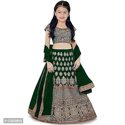 Femisha Creation Satin Kids Girls Lehenga Choli (3-4 Years, Green)-thumb0