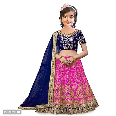 Femisha Creation Girls Taffeta Satin Latest Embroidered Lehenga Choli With Dupatta Set (12-13 Years, Pink)-thumb0