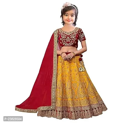 Femisha Creation Girls Taffeta Satin Latest Embroidered Lehenga Choli With Dupatta Set (12-13 Years, Yellow)-thumb0