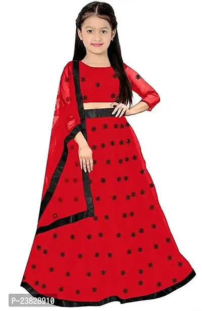 Femisha Creation Kids Net Embrodaried Semi Stitched Lehenga Choli With Dupatta (7-8 Years, Red)-thumb0