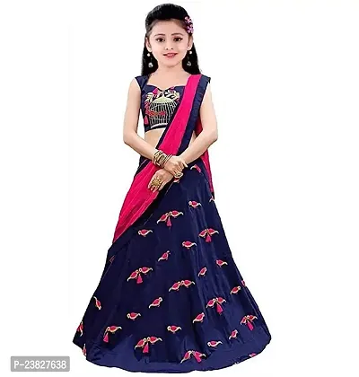 Femisha Creation Girls' Taffeta Silk Semi-Stitched Lehenga Choli (FC_Kids_Blue_Perrat_Navy Blue_Free Size)-thumb0