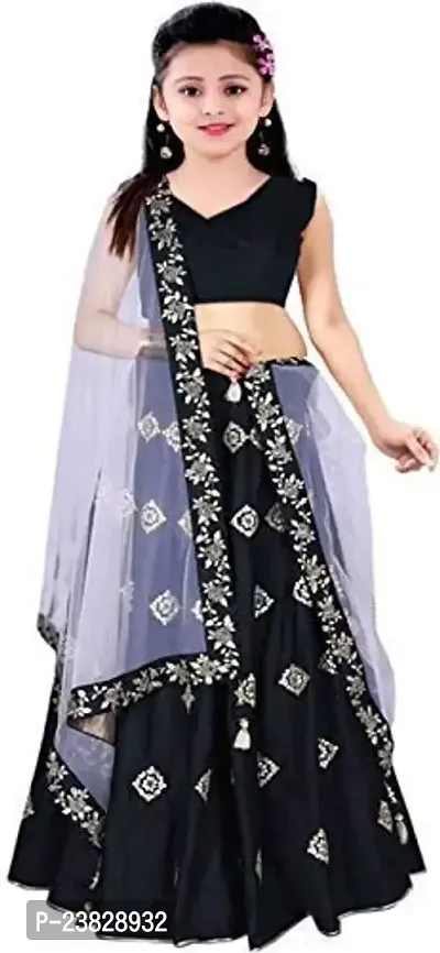 Femisha Creation Girl's Taffeta Silk Semi-stitch Lehenga Choli (4-5 Years, Black)-thumb0