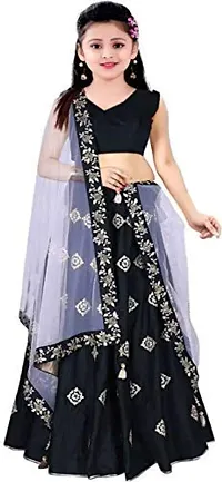 Femisha Creation Girl's Taffeta Silk Semi-stitch Lehenga Choli (4-5 Years, Black)