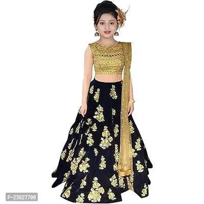 Femisha Creation Taffeta Satin Girls Lehenga Choli (5-6 Years, Black)