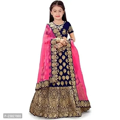 Femisha Creation Taffeta Satin Girls Lehenga Choli(9-10 Years, Navy Blue)-thumb0