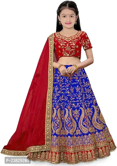 Femisha Creation Girls Taffeta Silk Semi-Stitched Lehenga Choli For Embroidered Worked and Net Dupatta (5-6 Years, Blue)