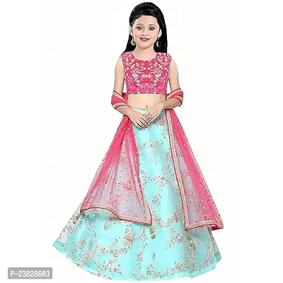 Femisha Creation Girls Net With Satin Flower Embroidered Lehenga Choli (6-7 Years, Sky Blue)