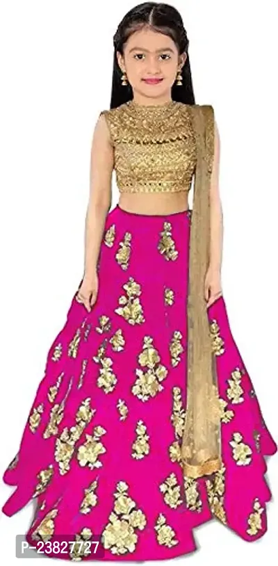 Femisha Creation Taffeta Satin Girls Lehenga Choli (8-9 Years, Pink)-thumb0