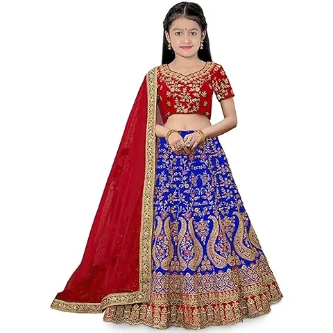 Femisha Creation Girls Taffeta Silk Lehenga Choli (4-5 Years, Blue)