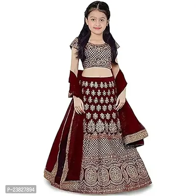 Femisha Creation Satin Kids Girls Lehenga Choli (9-10 Years, Maroon)-thumb0